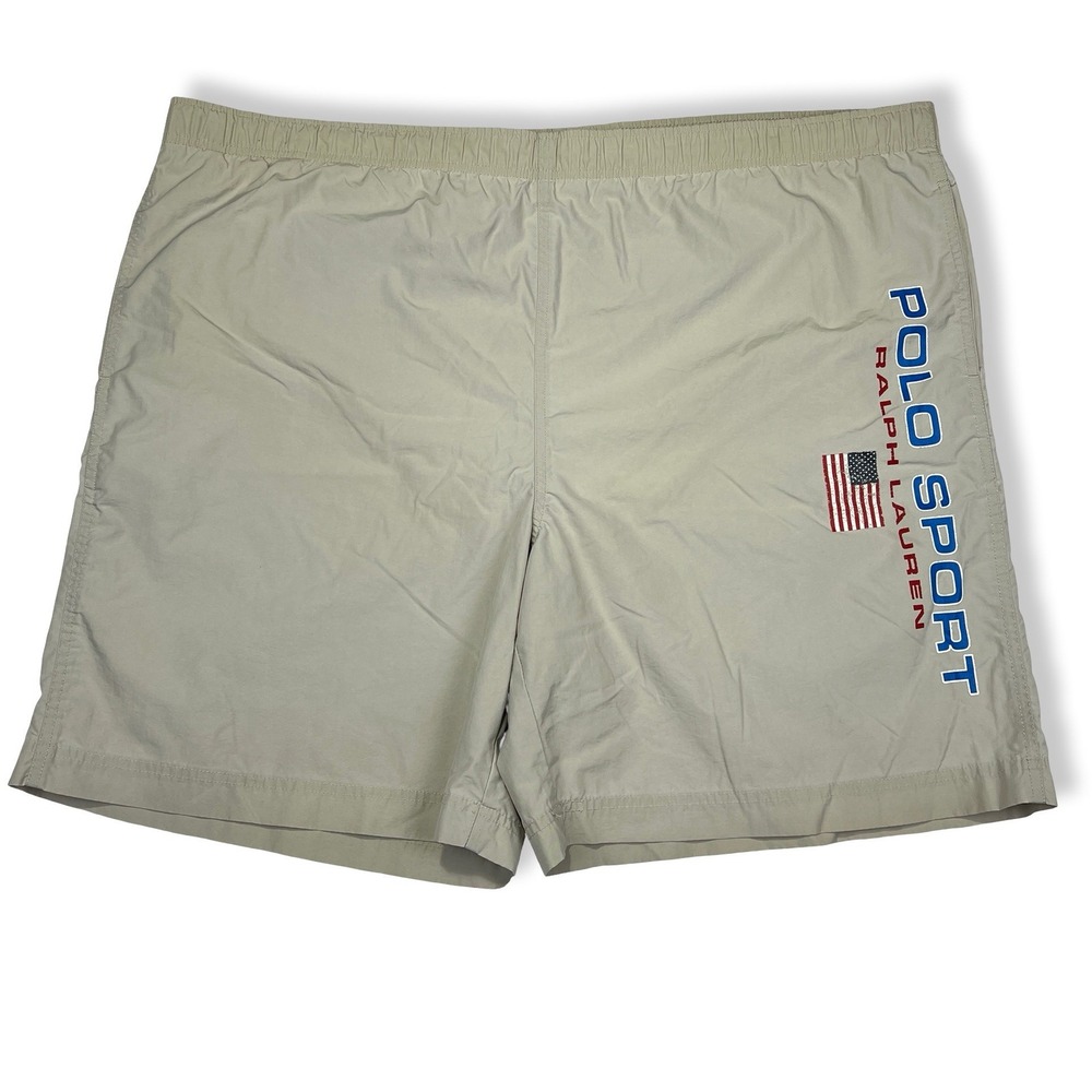 Vintage Polo Sport Ralph Lauren Mens XXL‎ Tan Nylon Swim Trunks USA Flag Logo